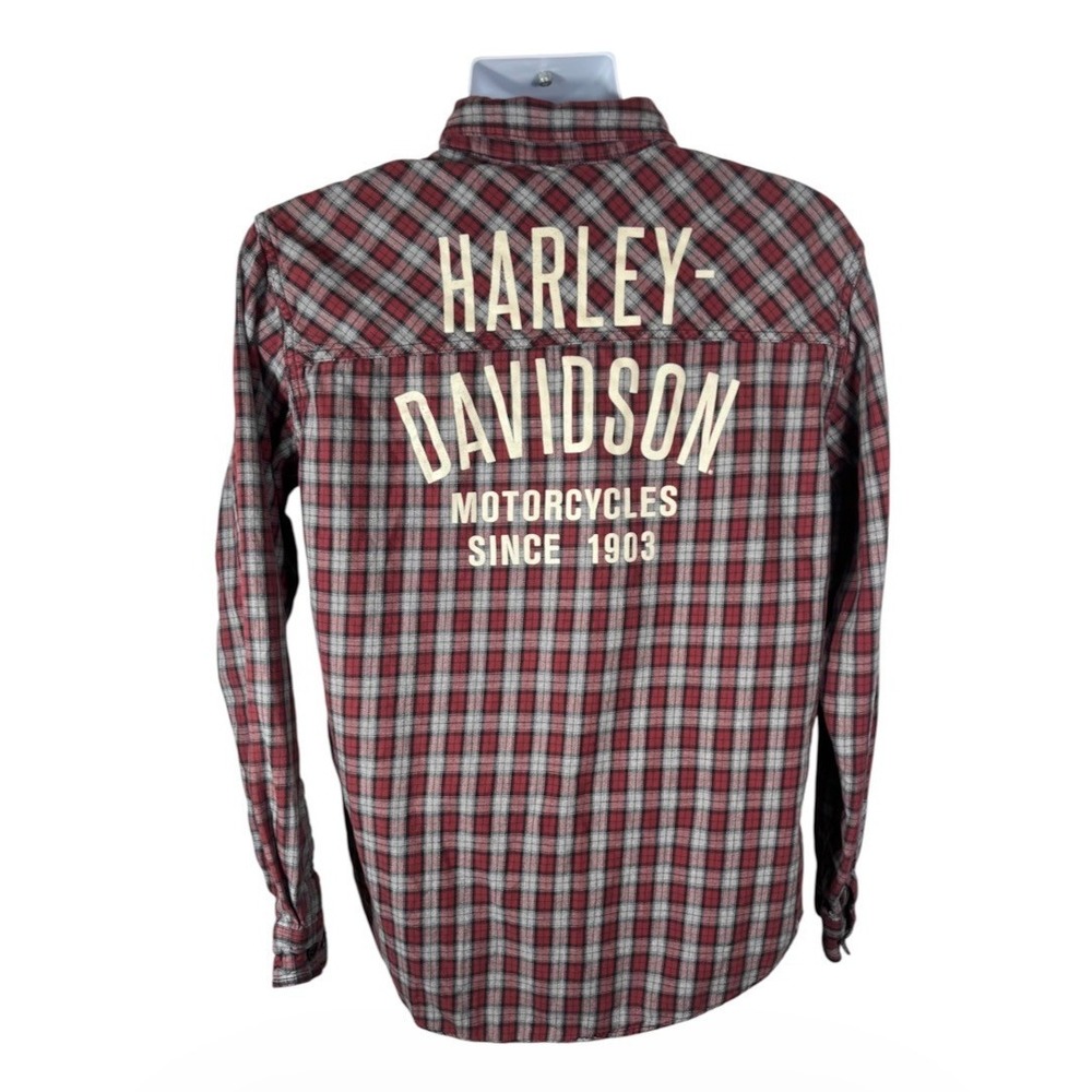 Harley-Davidson Mens Sz L Flannel Plaid Button Down Shirt Red Logo Back-2206
